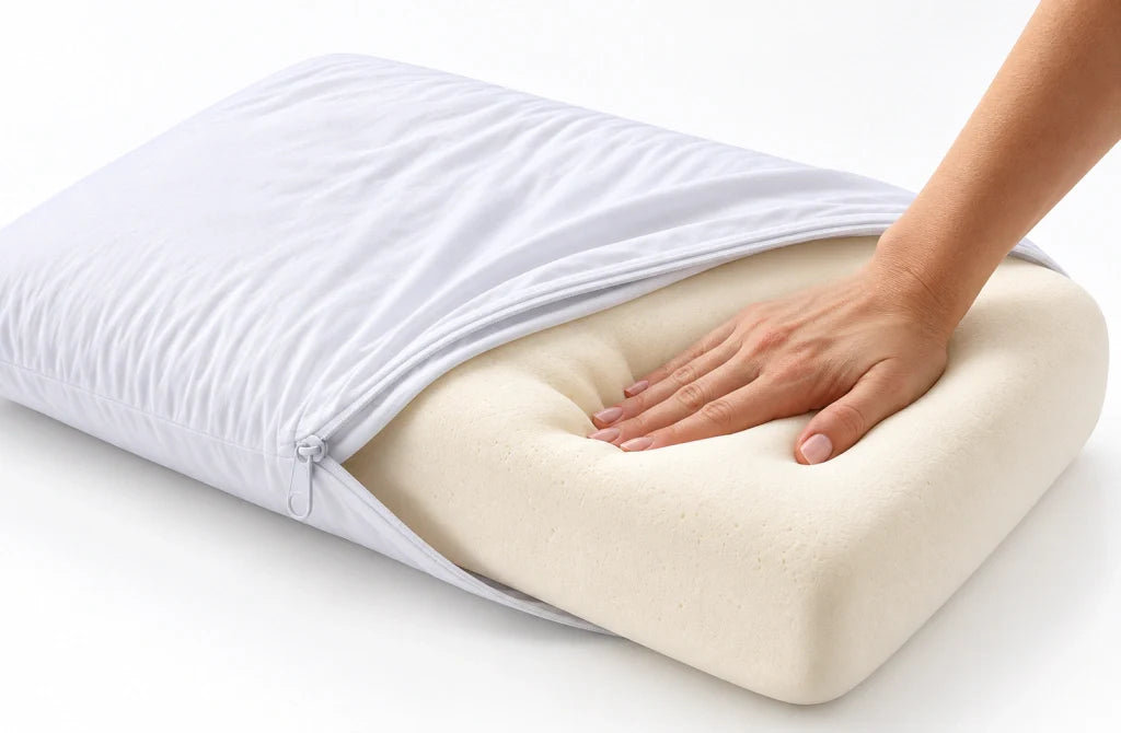 Mano apoyada sobre el núcleo de espuma viscoelástica de la almohada