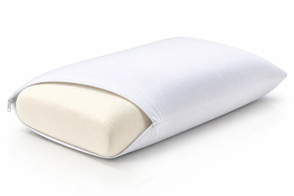 Almohada con la funda de tela Towel parcialmente abierta y el núcleo de espuma asomando