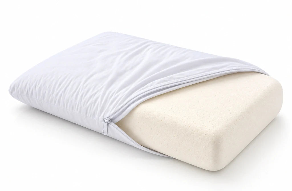 Almohada Viscoelástica Recta Exclusiva con la funda abierta y el núcleo de espuma viscoelástica a la vista