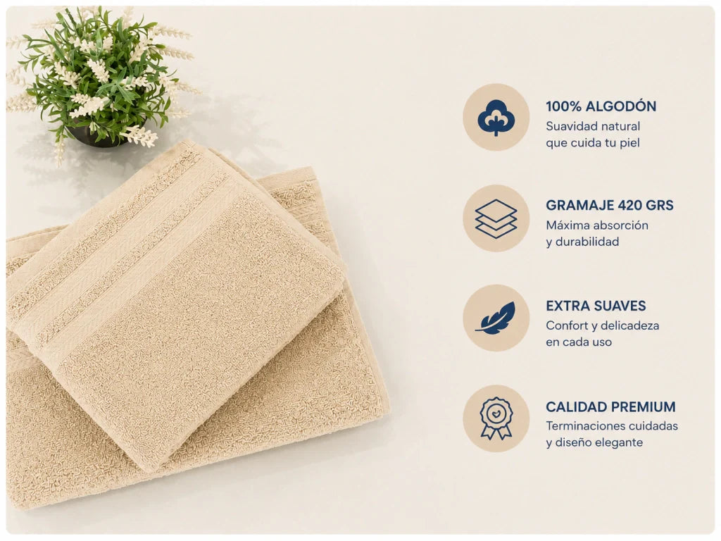 Toalla y toallón: 100% algodón, gramaje 420 grs, extra suaves y calidad premium